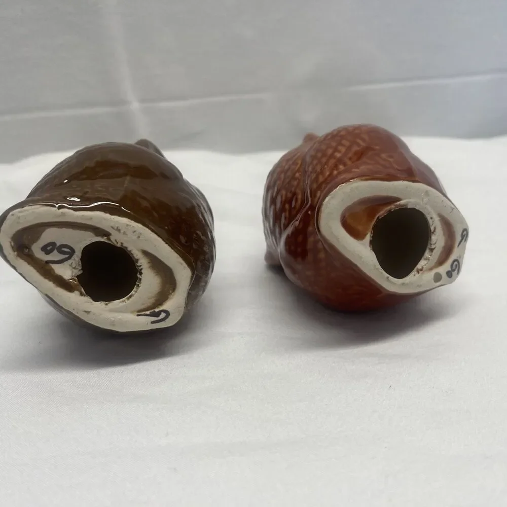 Vintage Set Lot 2 Glazed Porcelain Ceramic Owls Decor Brown Rust Collect MCM EC